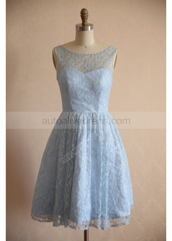 Light Blue Lace V Back Short Vintage Bridesmaid Dress